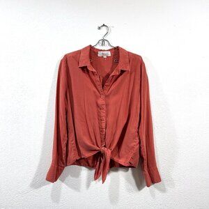 Cloth & Stone Anthropologie Long Sleeve Coral Button Up Waist Tie blouse size L